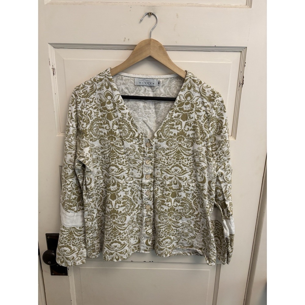 Willow Vintage Women's White 100% Linen Floral Blouse V-Neck Bell Sleeves 90s M